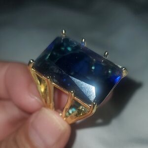 Gold-Plated Ring with Deep Blue Rectangular Gemstone